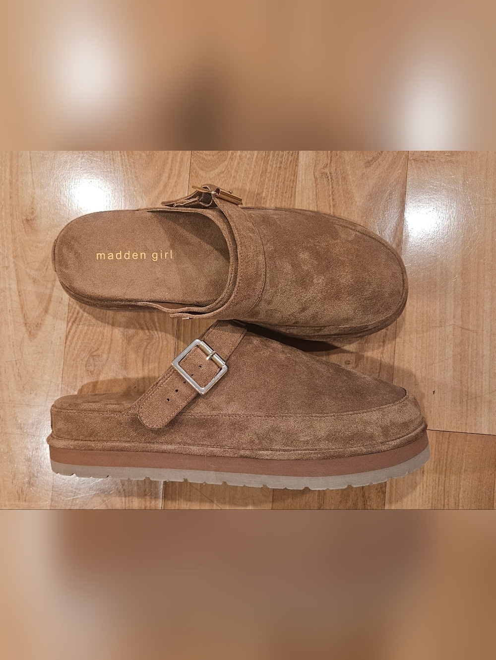 Madden Girl Suede Buckle Clog Slides in Brown